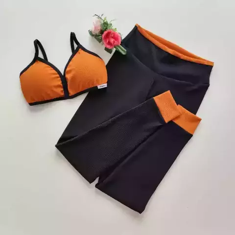 Conjunto Calça Preto Canelado Detalhe Laranja Russet Top Morgana SEM EMPINA BUMBUM