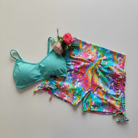 Conjunto Short Unicórnio Cadarço Lateral Top Sol Menta