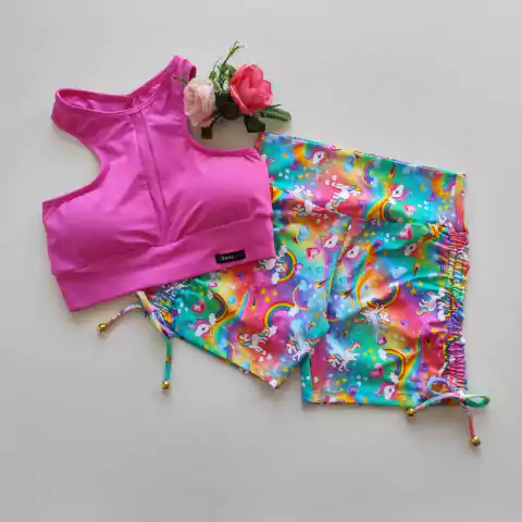 Conjunto Short Unicórnio Cadarço Lateral Top Raissa Flamingo SEM EMPINA BUMBUM
