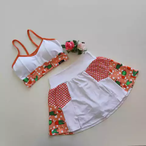 Conjunto Short Saia Branco Detalhes Cactos e Tela Top Pâmela