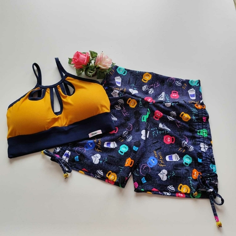 Conjunto Short Ketlebell Cadarço Lateral Top Gotas Cós Marinho