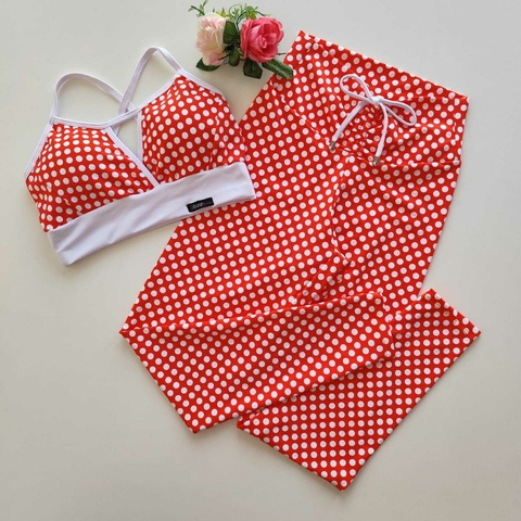 Conjunto Calça Poá Fundo Vermelho Top Maria