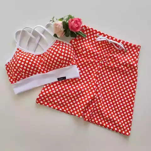 Conjunto Short Poá Fundo Vermelho Top Poliana SEM EMPINA BUMBUM