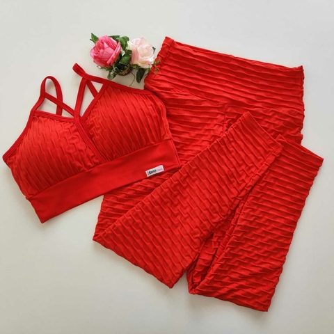 Conjunto Calça Jacquard Vermelho Cós Simples Top Andressa