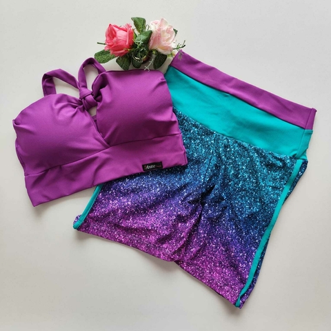 Conjunto Short Barrado Roxo Cós Verde Top Roberta