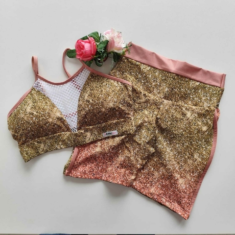 Conjunto Short Barrado Rosé Top Detalhe Tela