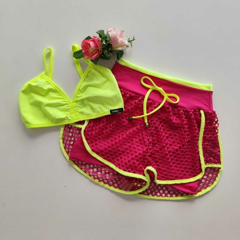 Conjunto Short Duplo Pink Detalhe Néon Top Morgana LD (Leves Defeitos)