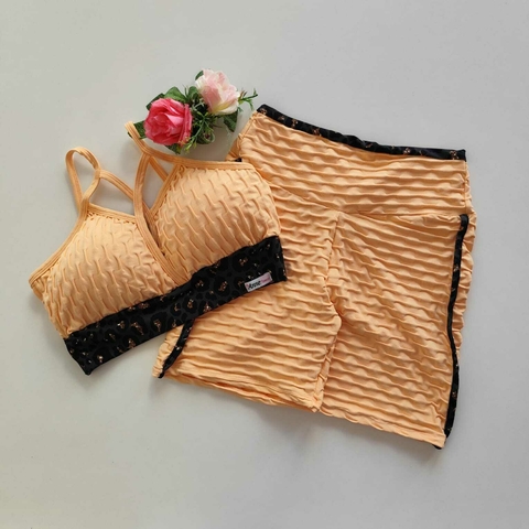 Conjunto Short Jacquard Peach Fuzz Viés Onça Top Andressa