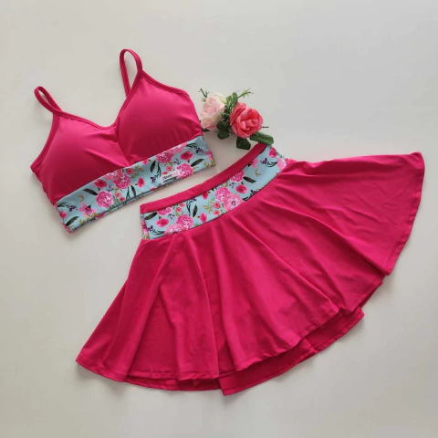 Conjunto Short Saia Pink Detalhe Floral Top Luz Cós