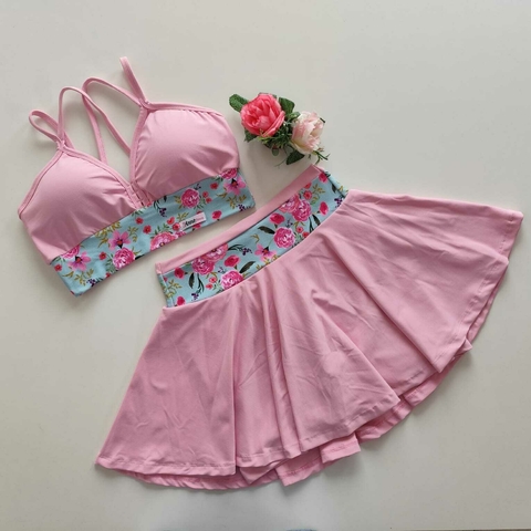 Conjunto Short Saia Rosa Prims Detalhe Floral Top Margarida