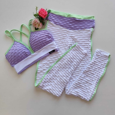Conjunto Calça Jacquard Branco Viés Patina Green Top Margarida SEM EMPINA BUMBUM
