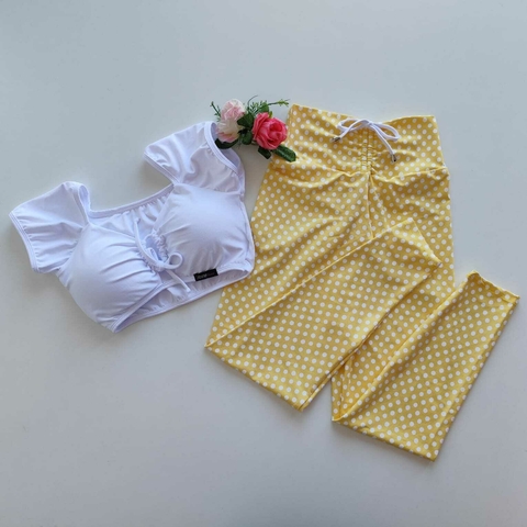 Conjunto Calça Poá amarelo Top Ciganinha