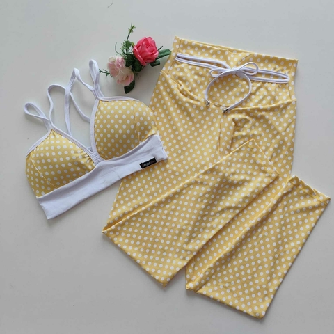 Conjunto Calça Poá Fundo Amarelo Decote Top Margarida SEM EMPINA BUMBUM