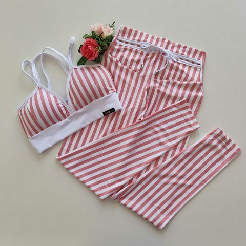 Conjunto Calça Listras Rosa Decote Top Margarida