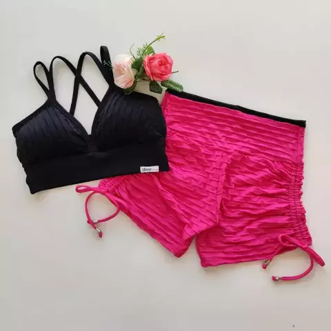 Conjunto Short Jacquard Pink Cadarço Lateral Top Margarida SEM EMPINA BUMBUM