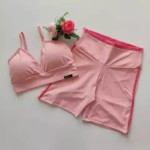 Conjunto Short Quartz Pink Viés Hot Pink Top Mara SEM EMPINA BUMBUM