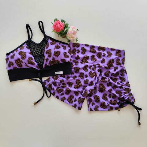 Conjunto Short Onça Coração Cadarço Lateral Top Detalhe Tela