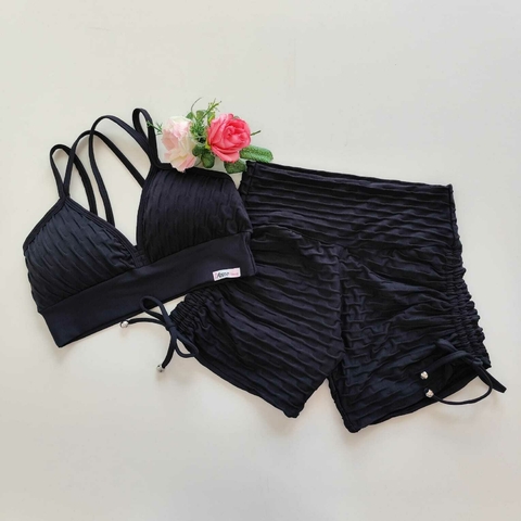 Conjunto Short Jacquard Preto Cadarço Lateral Top Margarida