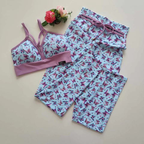Conjunto Calça Borboleta Fundo Azul Claro Decote Top Magali