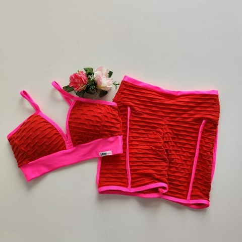 Conjunto Short Jacquard Vermelho Viés Detalhe Néon Top Mara