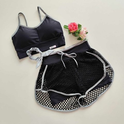 Conjunto Short Duplo Preto Detalhe Prata Top Joana