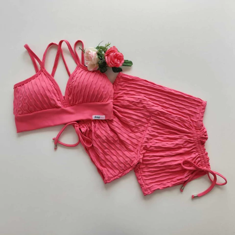 Conjunto Short Jacquard Camélia Pink Cadarço Lateral Top Margarida