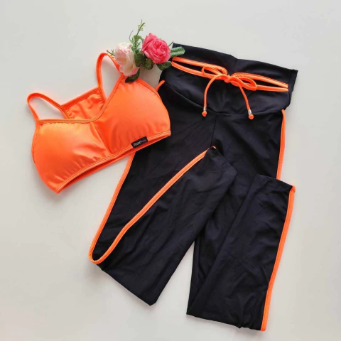 Conjunto Calça Preto Decote Viés Néon Top Josy Laranja Néon