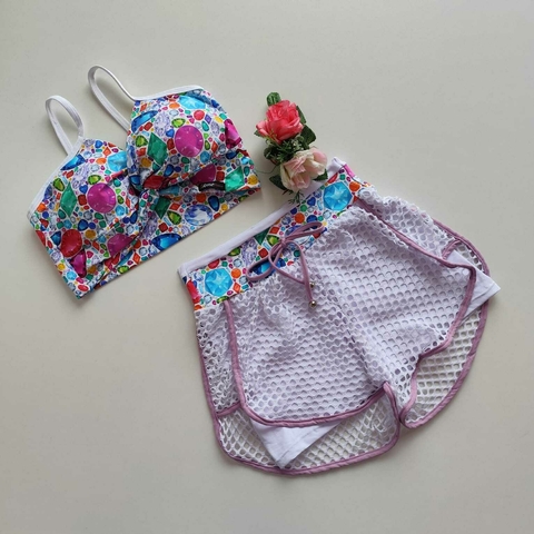 Conjunto Short Duplo Branco Cós Pedraria Top Pérola