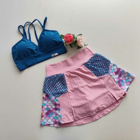 Conjunto Short Saia Rosa Prims Detalhe Estampa Sereia e Tela Top Margarida