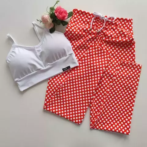 Conjunto Calça Poá Fundo Vermelho Top Joana