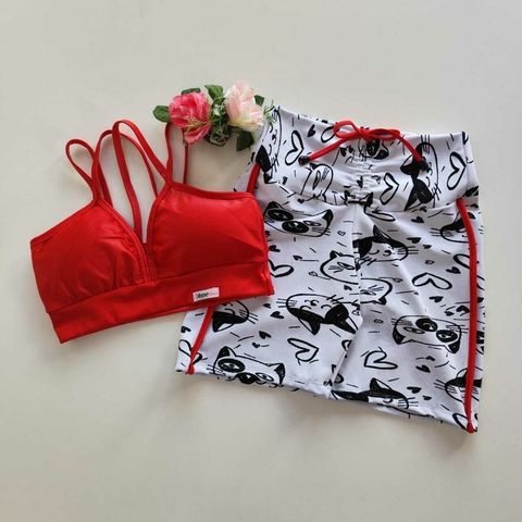 Conjunto Short Jacquard Gatinho Viés Vermelho Top Margarida