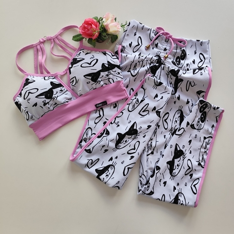 Conjunto Calça Jacquard Gatinho Viés Ciclaminho Top Mariana