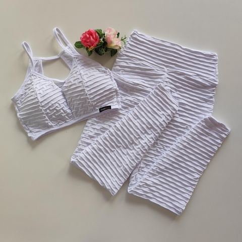Conjunto Calça Jacquard Branco Cós Simples Top Carol