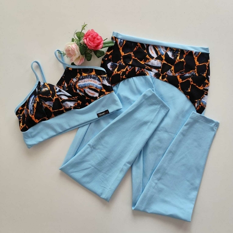 Conjunto Calça Sky Blue Detalhe Estampa Marmorizada Top Anitta