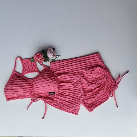 Conjunto Short Jacquard Camélia Pink Cadarço Lateral Top Josy