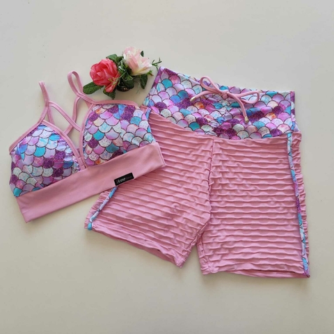 Conjunto Short Jacquard Rosa Prims Viés Sereia Top Magali
