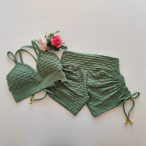 Conjunto Short Jacquard Jade Cadarço Lateral Top Margarida