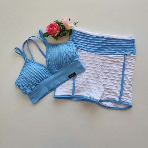 Conjunto Short Jacquard Branco Viés Porcelana Blue Top Margarida