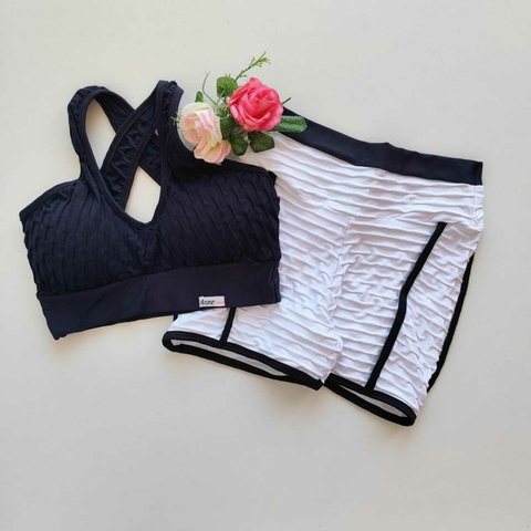 Conjunto Short Jacquard Branco Viés Preto Top Faby