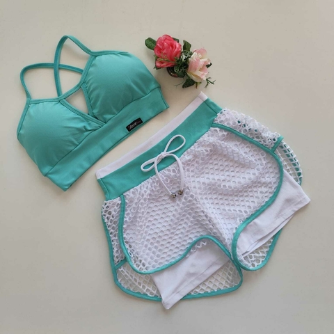 Conjunto Short Duplo Branco Viés Menta Top Maria