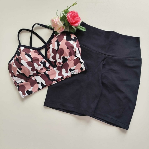 Conjunto Short Preto Cós Simples Top Maria Camuflado