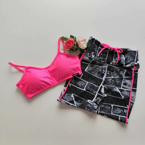 Conjunto Short Jacquard Cartoon Viés Néon Top Luz SEM EMPINA BUMBUM