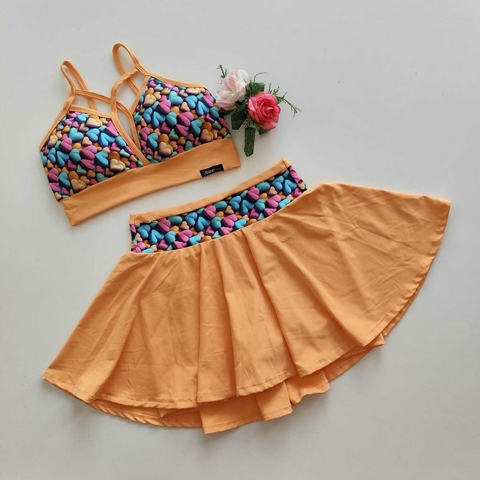 Conjunto Short Saia Salmon Cós Corações Top Andressa