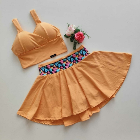 Conjunto Short Saia Salmon Cós Corações Top Giselle