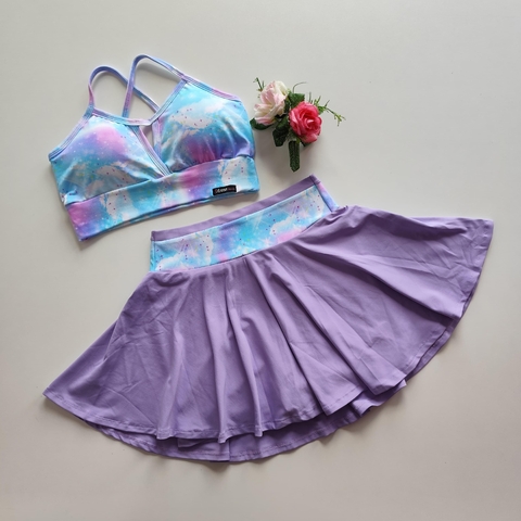 Conjunto Short Saia Viola Cós Estampa Nuvens Top Maria