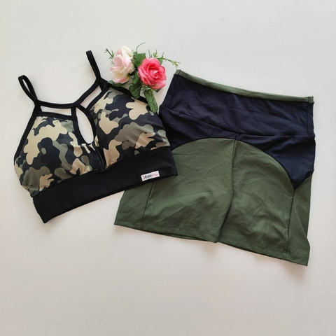 Conjunto Short Verde Militar Detalhe Preto Top Kew Camuflado