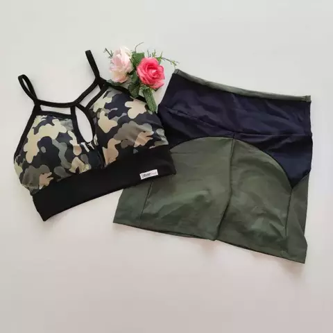 Conjunto Short Verde Militar Cós Simples Top Kew Camuflado SEM EMPINA BUMBUM