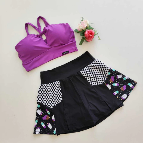 Conjunto Short Saia Preto Detalhe Tela e Estampa Picolé Top Roberta