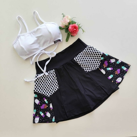 Conjunto Short Saia Preto Detalhe Preto e Estampa Picolé Top Cláudia