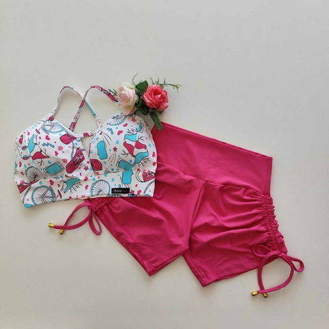 Conjunto Short Fúchsia Cadarço Lateral Top Maria Estampa Bicicleta
